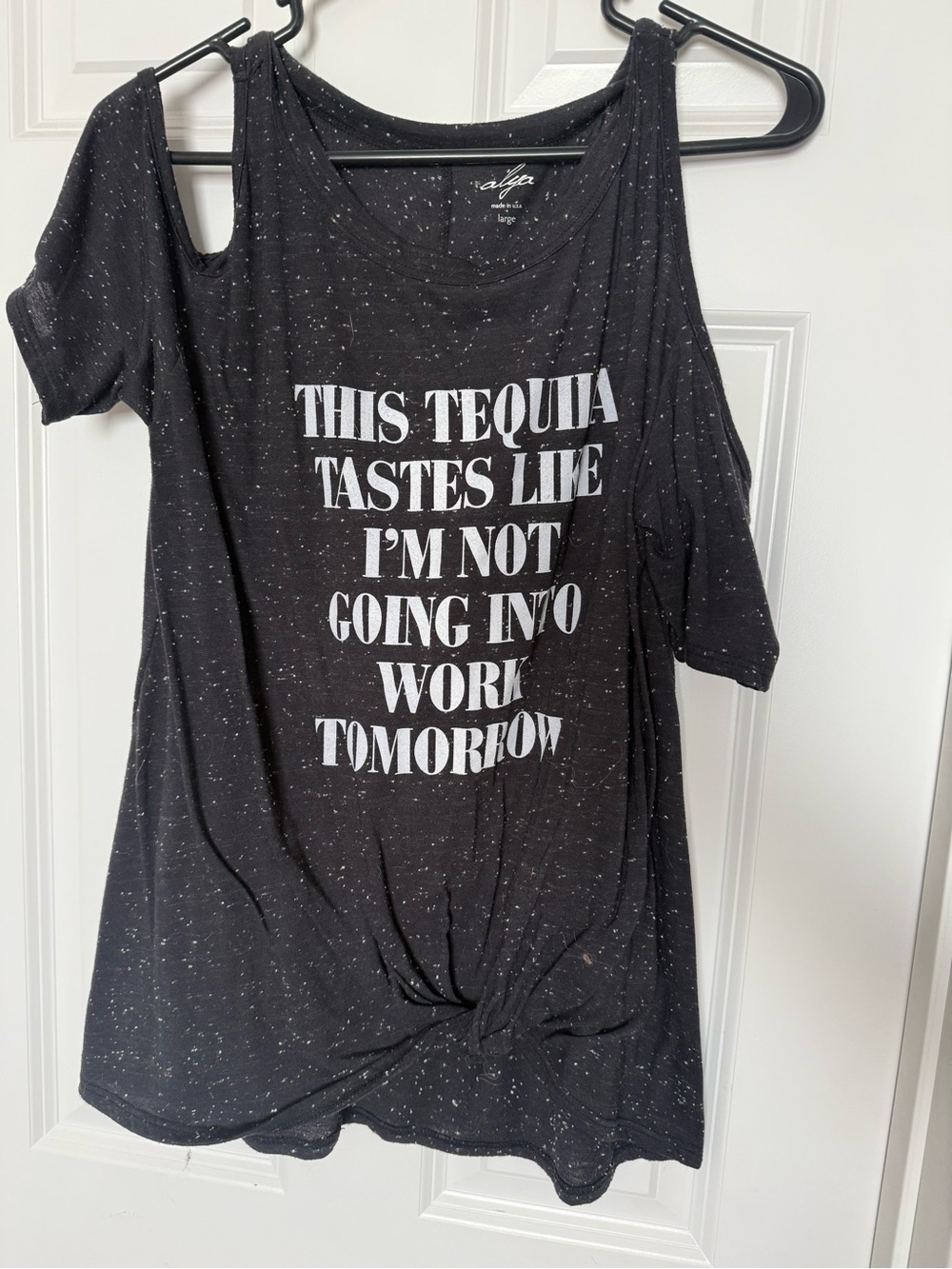 NanaMacs Black Cold-Shoulder Graphic Tee
